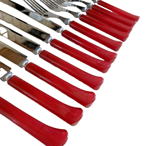 Vintage RED Bakelite Handle Silverware 11 Utensils Knives & Forks Flatware - Picture 12 of 13